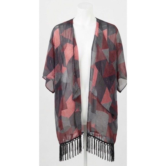 LuLaRoe Sweaters - LuLaRoe Geometric Print Kimono Cardigan L Cover Up Fringe Bohemian Festival